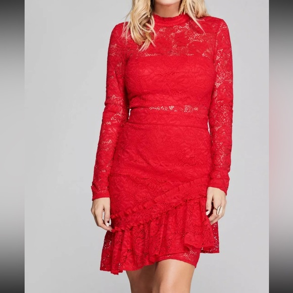 NWT Marciano Red Hot ❤️ SARAH CORDED LACE RUFFLE DRESS - Picture 3 of 10